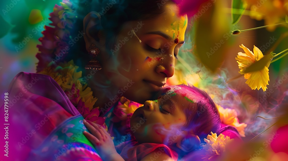 Each color seems to sing with joy as an Indian mother gazes lovingly at her newborn, surrounded by a vivid spectrum of hues