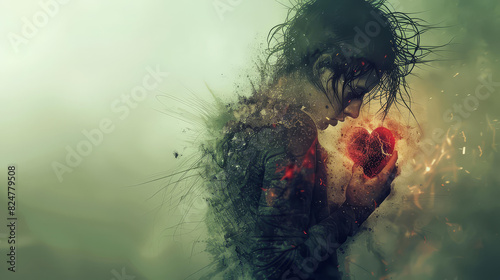 Illustration of a conflicted character torn between duty and desire, contrasting emotions evident, clean background photo