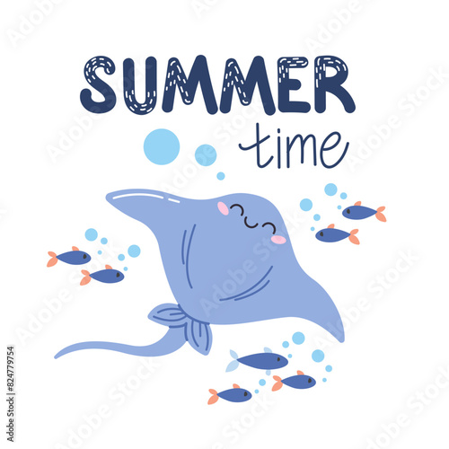 Vector summer illustration with a cute cartoon sea stingray and the inscription 