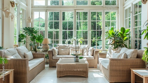 Bright and airy sunroom with comfortable seating and indoor plants. © atipong