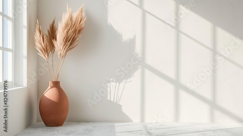 Decorative Clay Vase with Pampas Grass Against Window Near White Wall