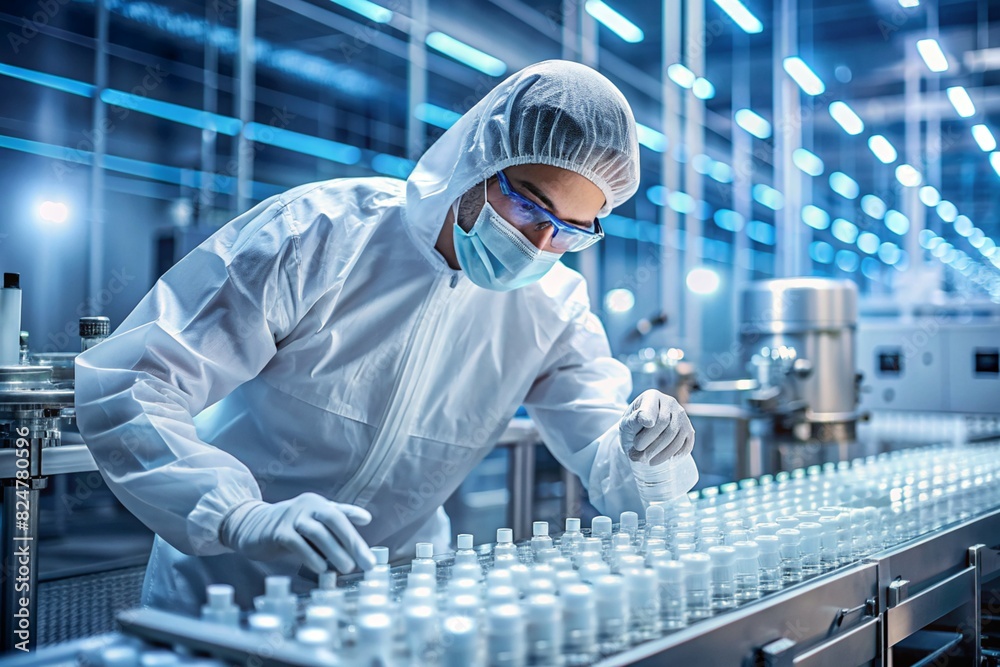 Production of medicines. A pharmacist checks medical vials on an automatic conveyor of a pharmaceutical factory production line using artificial intelligence. Production of medicines. A pharmacist checks medical vials on an automatic conveyor of a pharmaceutical factory production line using artificial intelligence.
