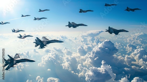 High-quality image of military fighter jets flawlessly executing formation training maneuvers