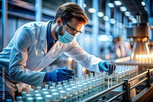 Production of medicines. A pharmacist checks medical vials on an automatic conveyor of a pharmaceutical factory production line using artificial intelligence.