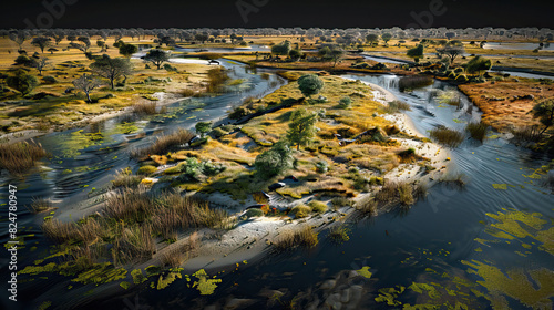 Modern nature national park background wallpaper, backdrop, texture, Chobe, Botswana, isolated. LIDAR model, elevation scan, topography map, 3D render, template, aerial, drone
