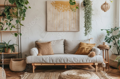 Sofa with brown and mustard pillows, wooden coffee table near grey sofa in boho style interior of living room with white wall painting, hanging macrame, pampas grass and plants on the floor photo