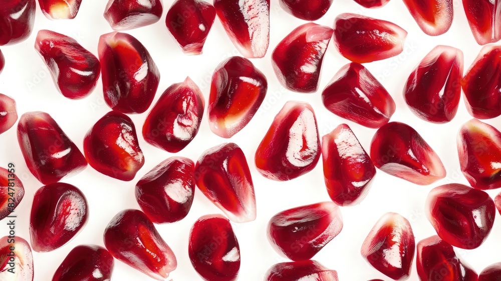 a close-up of numerous ruby-red pomegranate seeds against a pristine white background, highlighting their vibrant color and juicy texture for a visually appealing and appetizing composition