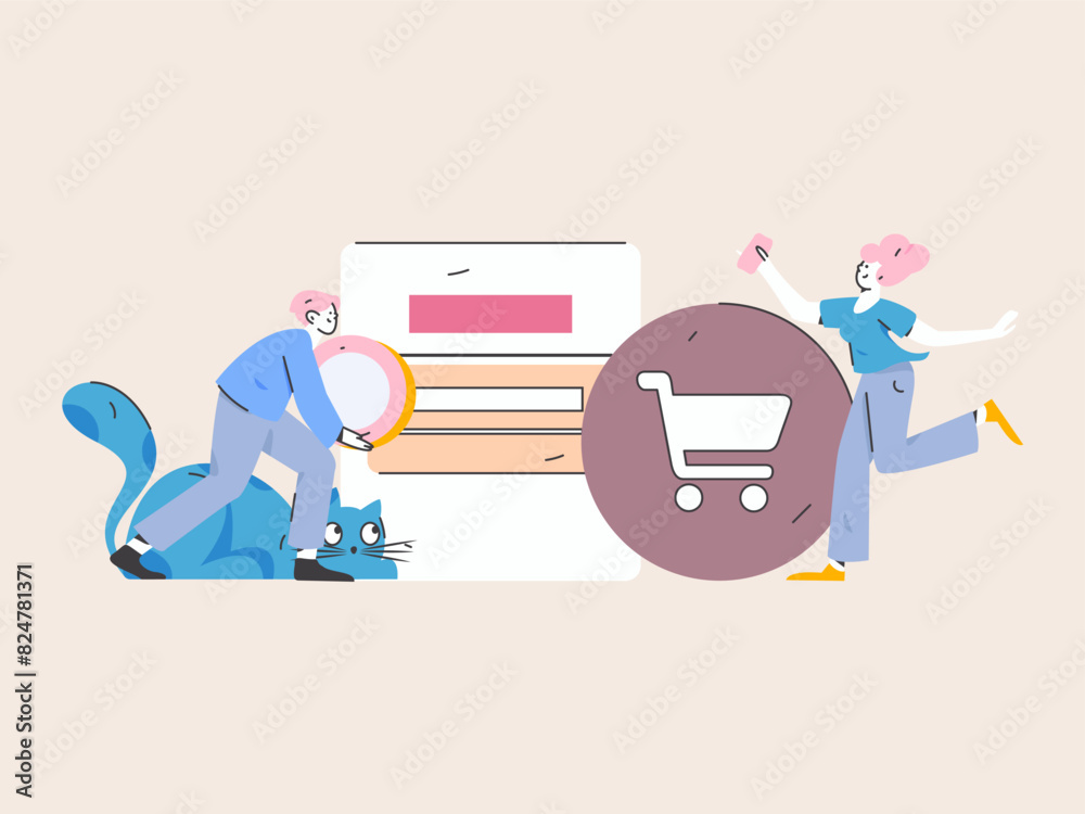Holiday shopping people doing e-commerce online shopping flat vector concept operation hand drawn illustration
