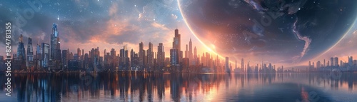 Futuristic city with gleaming skyscrapers under a massive holographic planet, reflecting on a serene water surface photo