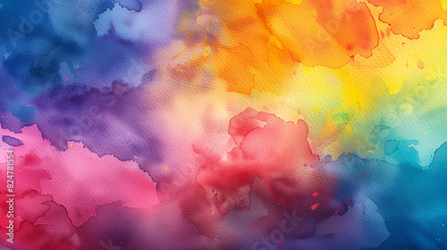 Colorful watercolor background with rainbow-hued clouds and paint splatters resembling a whimsical watercolor painting. Textured paper adds depth to this vibrant and artistic backdrop.
