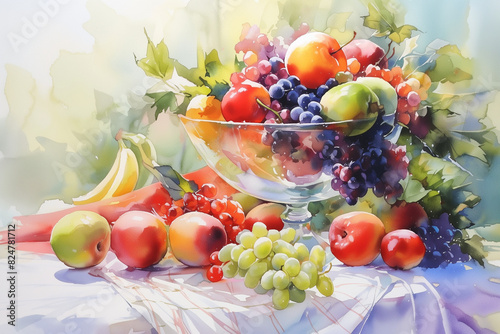 Still life showcasing an abundance of assorted fruits arranged in a transparent vase atop a table with a draped tablecloth, revealing the textured paper surface underneath