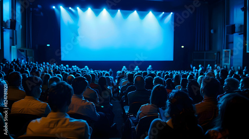 Rear view of an audience in a conference hall listening to a seminar with big cinema screen and stage photo