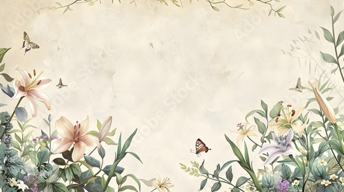 Vintage Floral Border Frame with Butterflies and Blank Space for Easter Mockup or Greeting photo