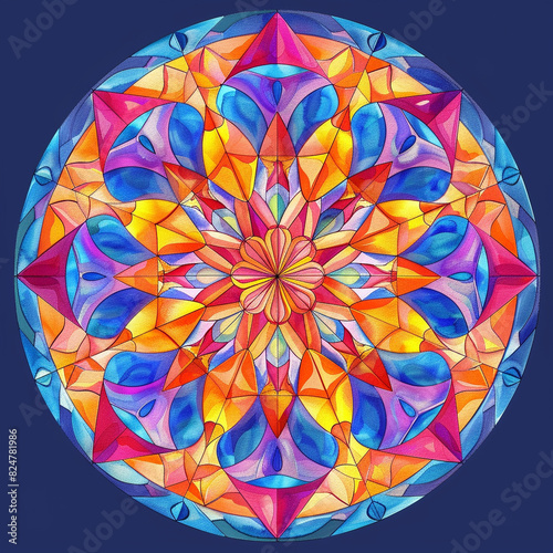 Intricate and detailed circular vibrant and brightly colored mandala with a repeating pattern on a dark blue background.
