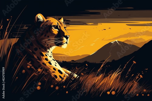 Flat design illustration of cheetah in savanna during golden hour with dark background and distant mountains in vector art style featuring contrasting yellow and black colors