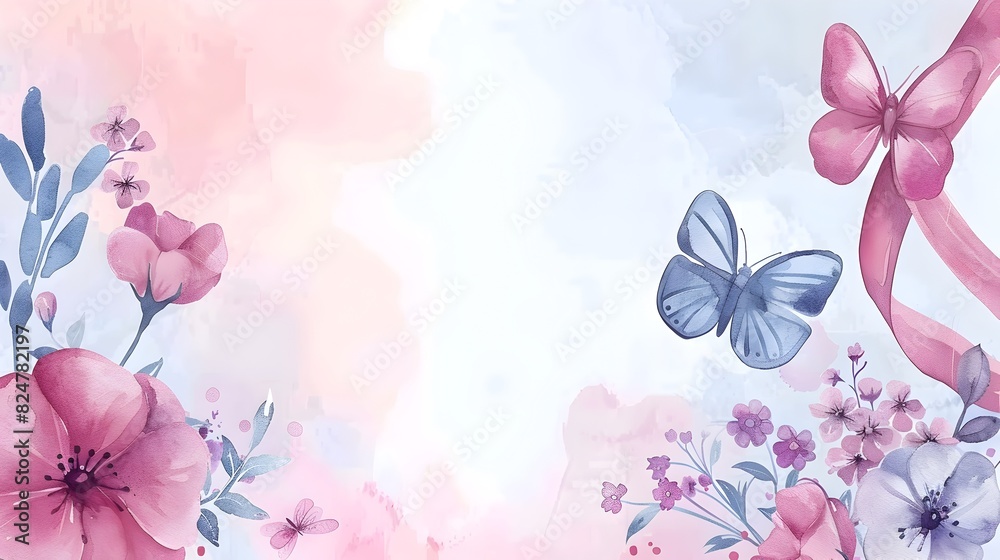 Watercolor Floral and Butterfly Doodle Border with Blank Space for World Cancer Day Message