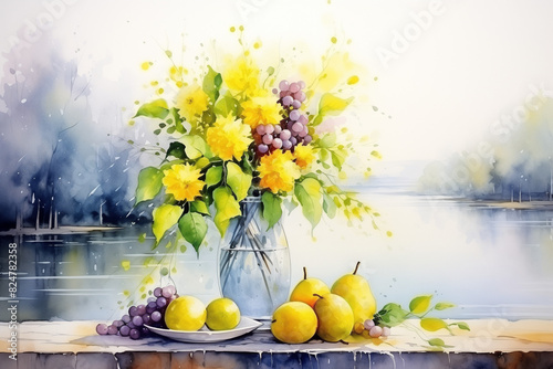 Watercolor still life in soft pastel tones with yellow flowers in glass vase and grapes on table with serene grey-blue lake background
