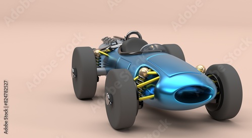 vintage blue racing car with yellow accents, gray and chrome engine, banner, workshop business card, car in workshop (3d illustration)	 photo