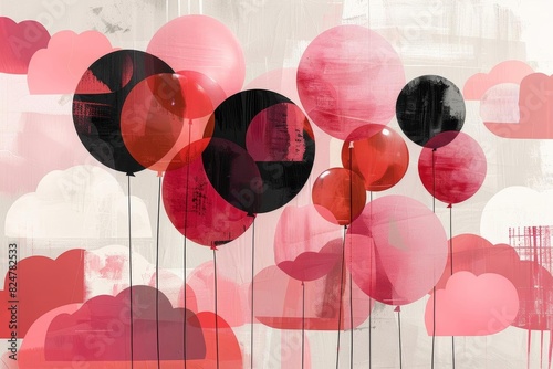 A beautiful and unique painting of pink and black balloons floating in a cloudy sky photo