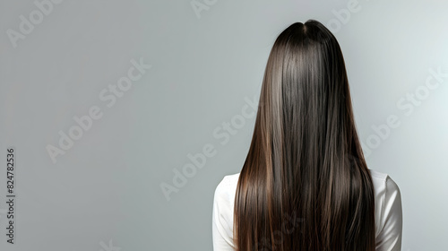 Rear view of a beautiful brunette woman with long smooth straight hairs on isolated background with space for copy