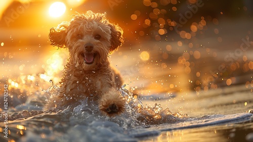 A playful Poodle splashing in the gentle waves of a calm bay, his fluffy curls bouncing in the sunlight as he joyfully plays in the sea. photo