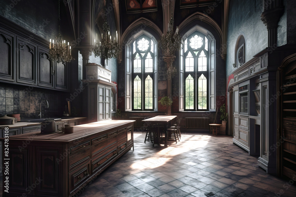 Fototapeta premium Interior of kitchen in Gothic style.