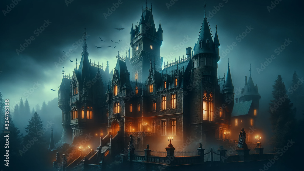 Fototapeta premium spooky old Gothic castle stands tall on a foggy night, with its towering spires