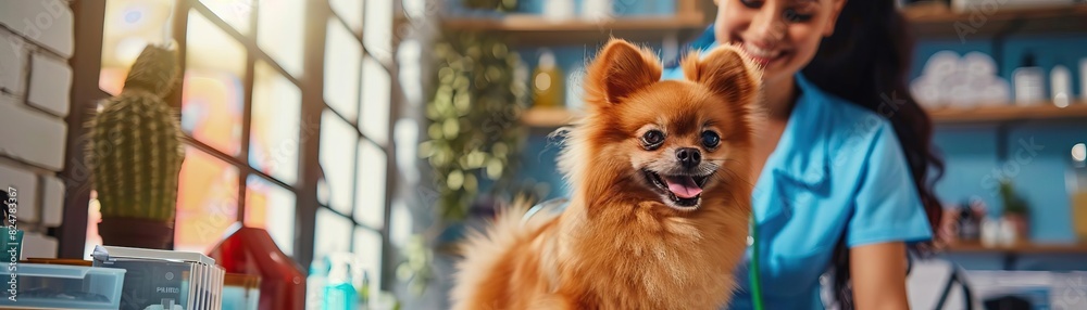 Commercial image of grooming a Spitz Pomeranian in a pet salon, featuring a cheerful groomer and a wellbehaved dog in a professional, brightly lit setting Commercial image of grooming a Spitz Pomeranian in a pet salon, featuring a cheerful groomer and a wellbehaved dog in a professional, brightly lit setting