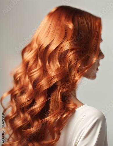 back view of copper colored long and wavy woman's hair, hair advertising shot, isolated white background
 photo