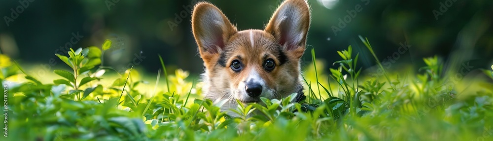 corgi playing in the grass field corgi playing in the grass field