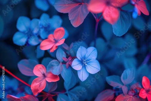 Artistic close-up of blue and red flowers with a bokeh background