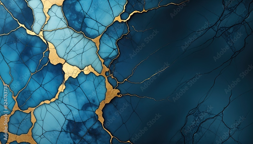 Cracked blue and gold abstract background. 
Decorative wallpaper