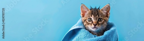 Cute kitten wrapped in a blue towel after a bath, set against a blue background, highlighting grooming salon services and pet treatment goods © Fay Melronna 
