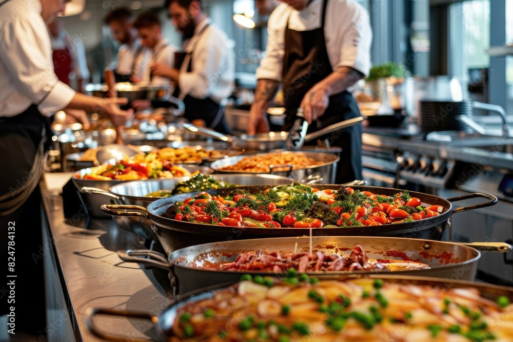 A bustling catering event, with chefs preparing exquisite dishes in an open kitchen. Catering buffet food indoor in restaurant A bustling catering event, with chefs preparing exquisite dishes in an open kitchen. Catering buffet food indoor in restaurant