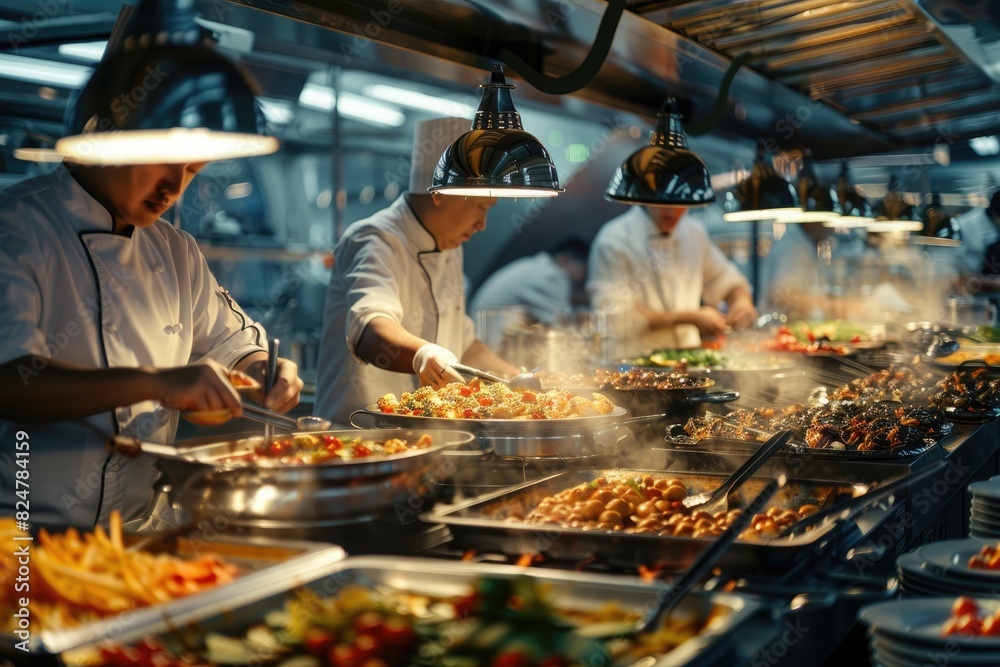 A bustling catering event, with chefs preparing exquisite dishes in an open kitchen. Catering buffet food indoor in restaurant