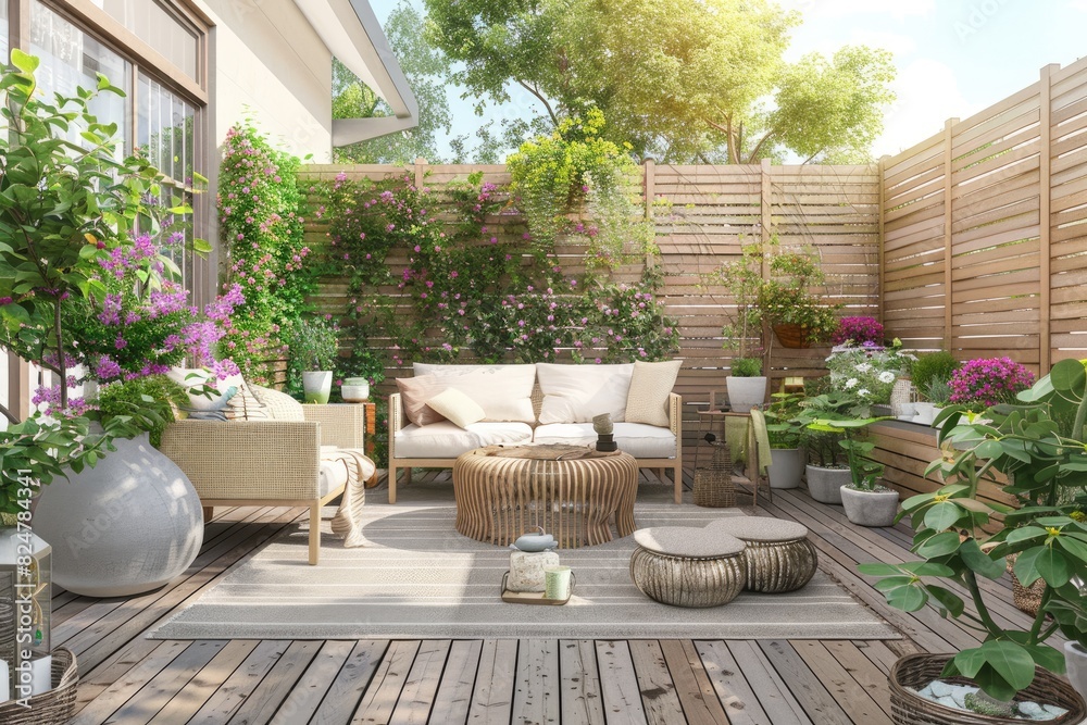 Beautiful of modern terrace with deck flooring and fence, green potted flowers plants and outdoors furniture. Cozy relaxing area at home.