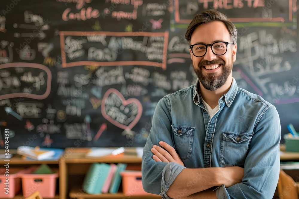 Smiling teacher with crossed arms in a classroom with blackboard in the background, showing confidence and friendliness. Smiling teacher with crossed arms in a classroom with blackboard in the background, showing confidence and friendliness.