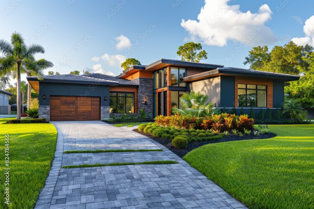 Contemporary house featuring a beautifully manicured front yard and driveway leading to the garage.