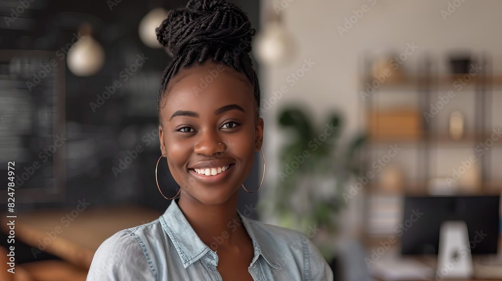 Smiling woman with braided hair in casual attire in a modern office setting with a bookshelf and greenery in the background. Smiling woman with braided hair in casual attire in a modern office setting with a bookshelf and greenery in the background.