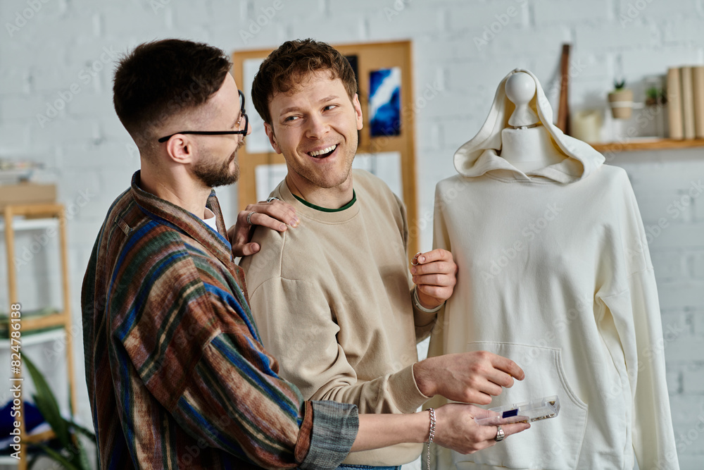 Obraz premium Two men work alongside a mannequin in a designer workshop, designing unique attire.