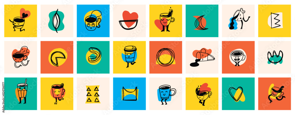 Set of retro doodle funny coffee characters and geometric shapes and doodles posters. Latte, cappuccino, coffee cup mascot. Nostalgia 70s, 80s. Print design for cafe Set of retro doodle funny coffee characters and geometric shapes and doodles posters. Latte, cappuccino, coffee cup mascot. Nostalgia 70s, 80s. Print design for cafe