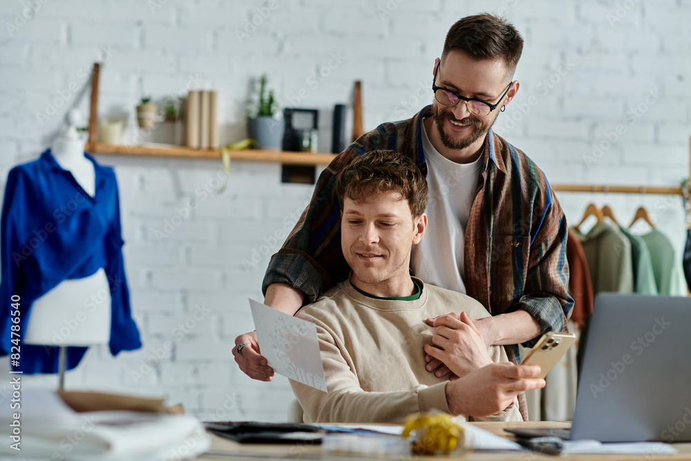 A man sits in a chair next to partner holding a piece for their collaborative fashion design project. A man sits in a chair next to partner holding a piece for their collaborative fashion design project.