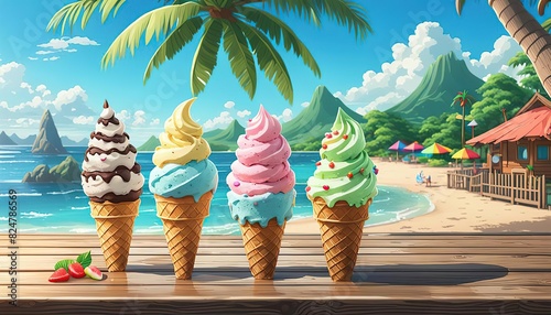 various ice cream diference toping with beautiful landscape background photo