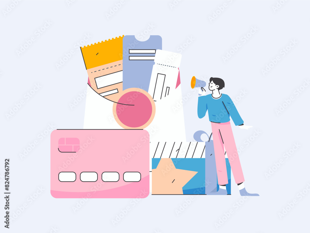 Obraz premium Holiday shopping people doing e-commerce online shopping flat vector concept operation hand drawn illustration
