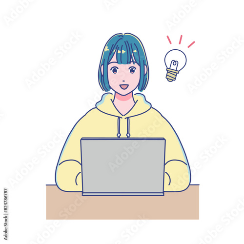 パソコンを使って勉強するアニメ調の女の子