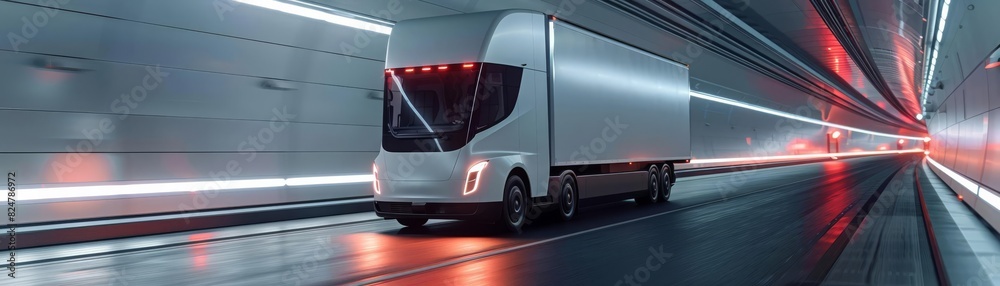 Electric hauler moving at light speed in an illuminated tunnel, portraying the future of ecofriendly and fast cargo transport