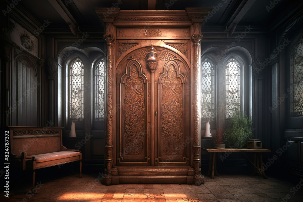 Interior of a wardrobe in Gothic style in a castle. Interior of a wardrobe in Gothic style in a castle.