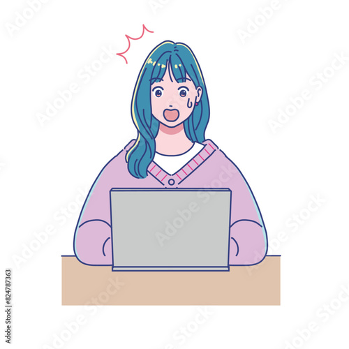 パソコンを使って勉強するアニメ調の女の子
