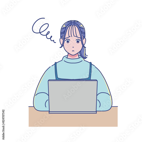パソコンを使って勉強するアニメ調の女の子