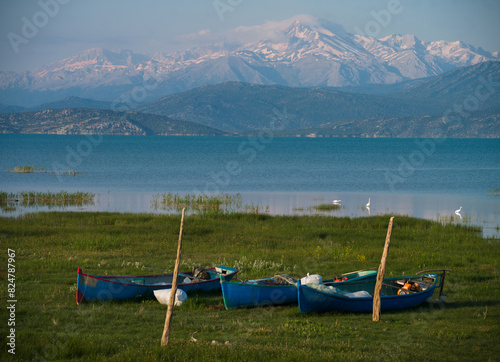 Beysehir Lake Traditional fishing boats on the shore. Beysehir Lake National Park, Konya, Turkey